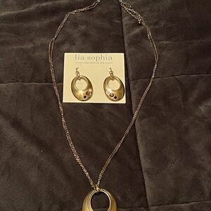 Lia Sophia Oval Necklace and Earring set - gold finish with multi color stones